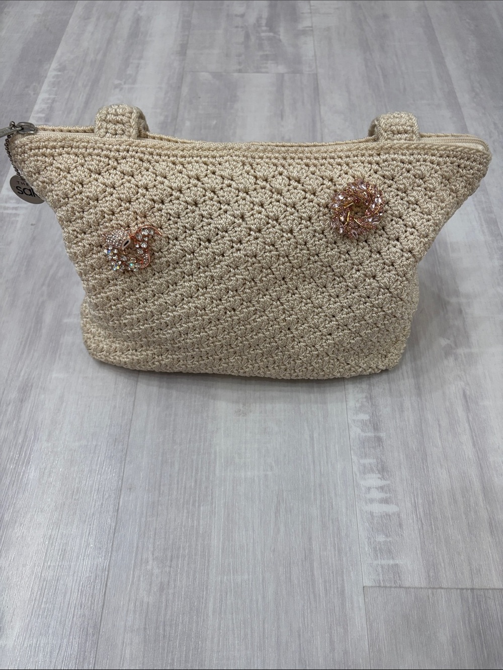 The Sak Cream Crochet Tote with Sparkling Brooch Accents